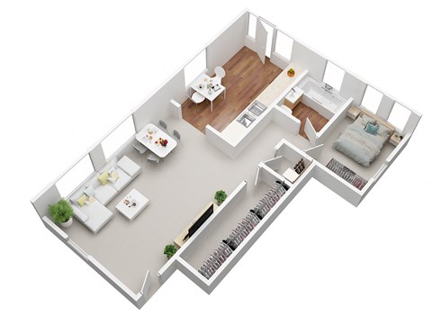 Floor plan for 1 bed, 1 bath, 690 sqft